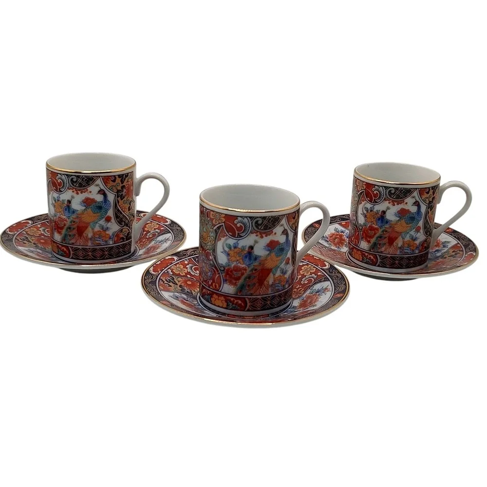 Vintage‎ Japanese Imari Arita Demitasse Cups Saucers Peacock Handmade Six Pieces